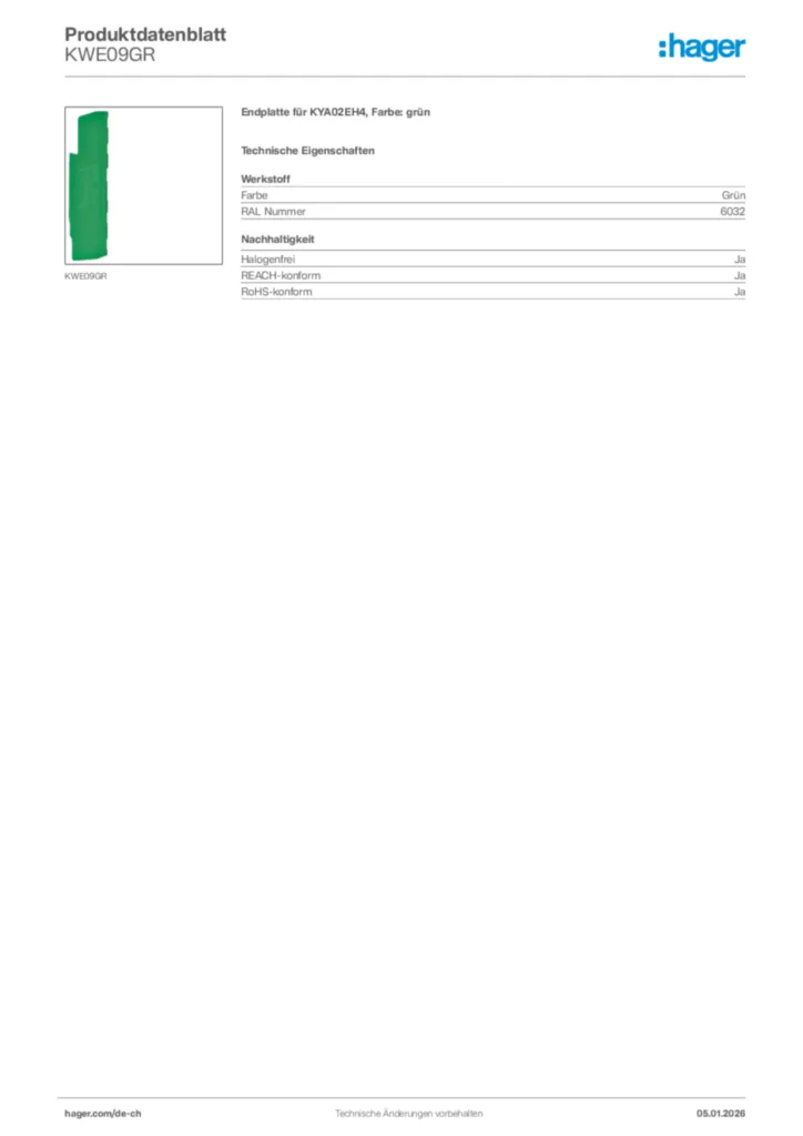 Bild Hager Produktdatenblatt KWE09GR | Hager Schweiz