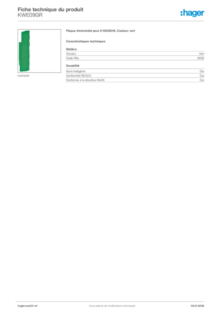 Image Hager Fiche technique du produit KWE09GR | Hager Suisse