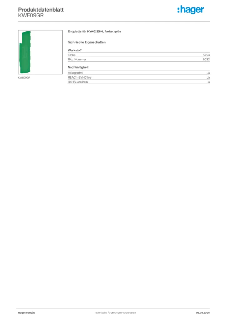 Bild Hager Produktdatenblatt KWE09GR | Hager Deutschland