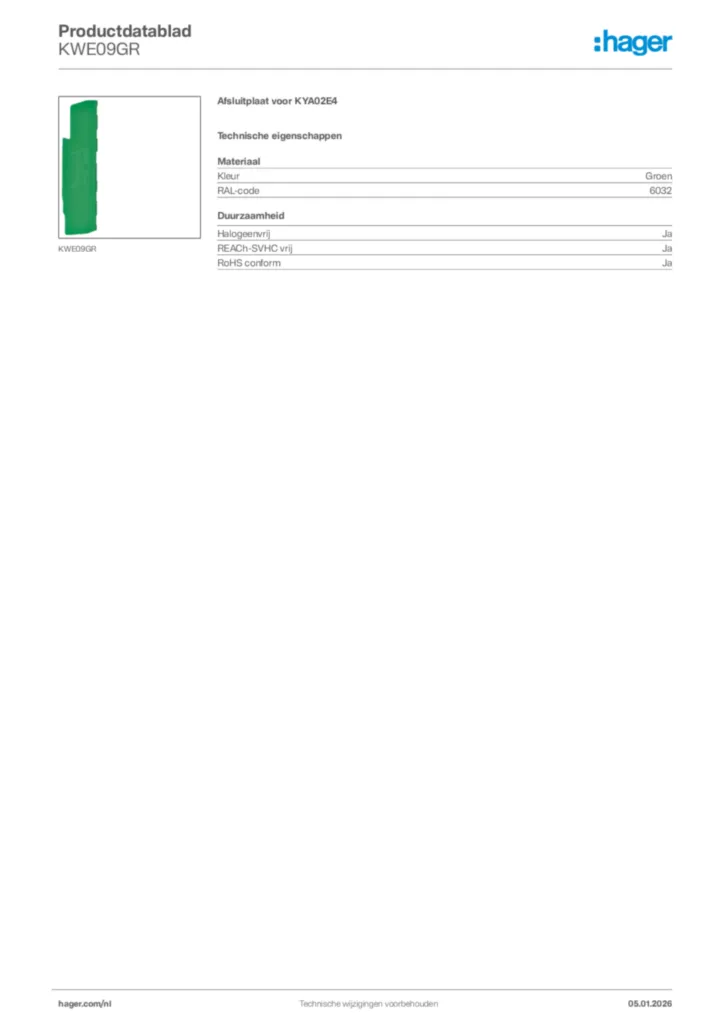 Afbeelding Hager Productdatablad KWE09GR | Hager Nederland