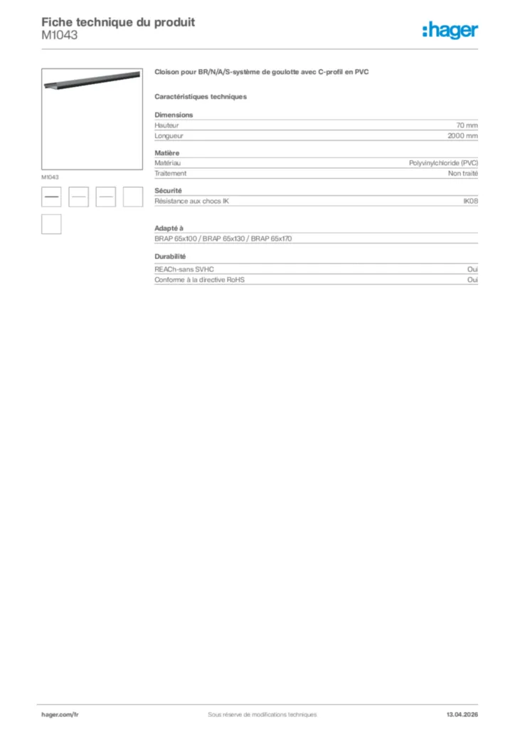 Image Hager Fiche technique du produit M1043 | Hager France