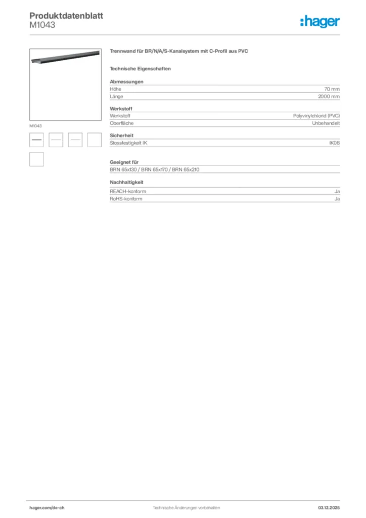 Bild Hager Produktdatenblatt M1043 | Hager Schweiz