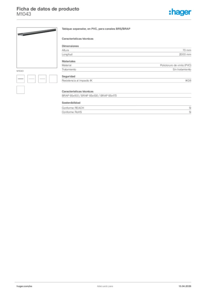 Imagen Hager Ficha de datos de producto M1043 | Hager España