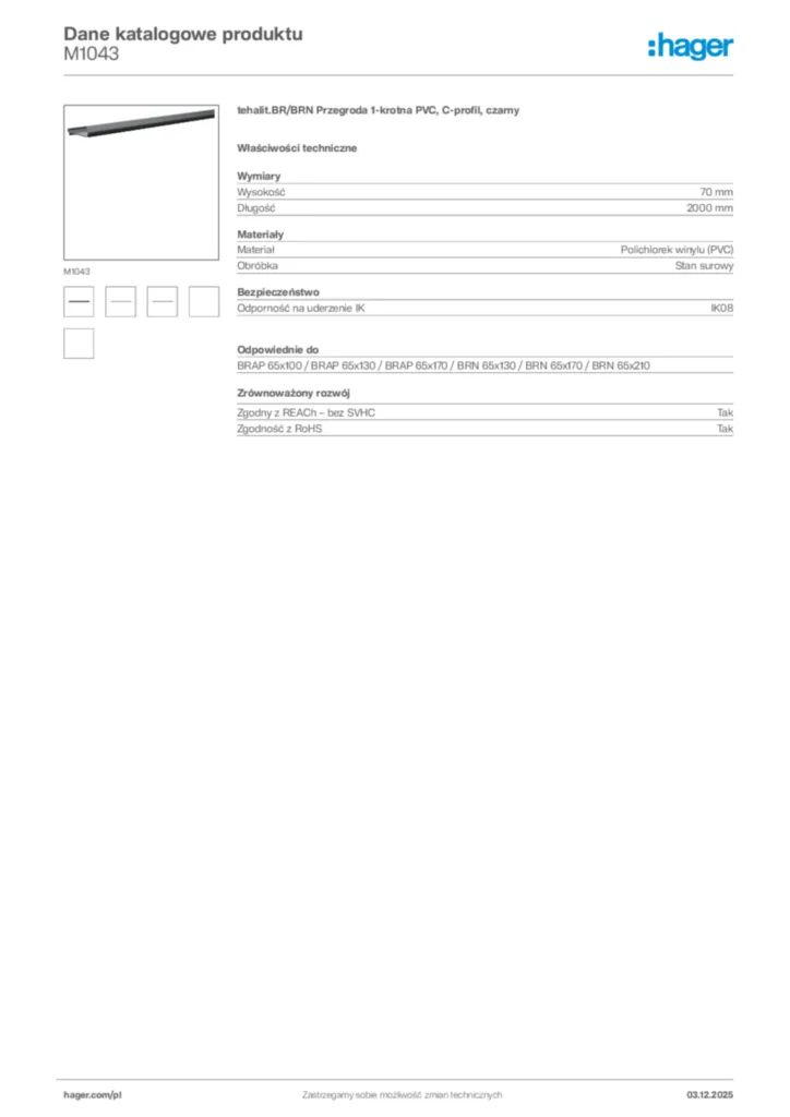 Zdjęcie Hager Dane katalogowe produktu M1043 | Hager Polska