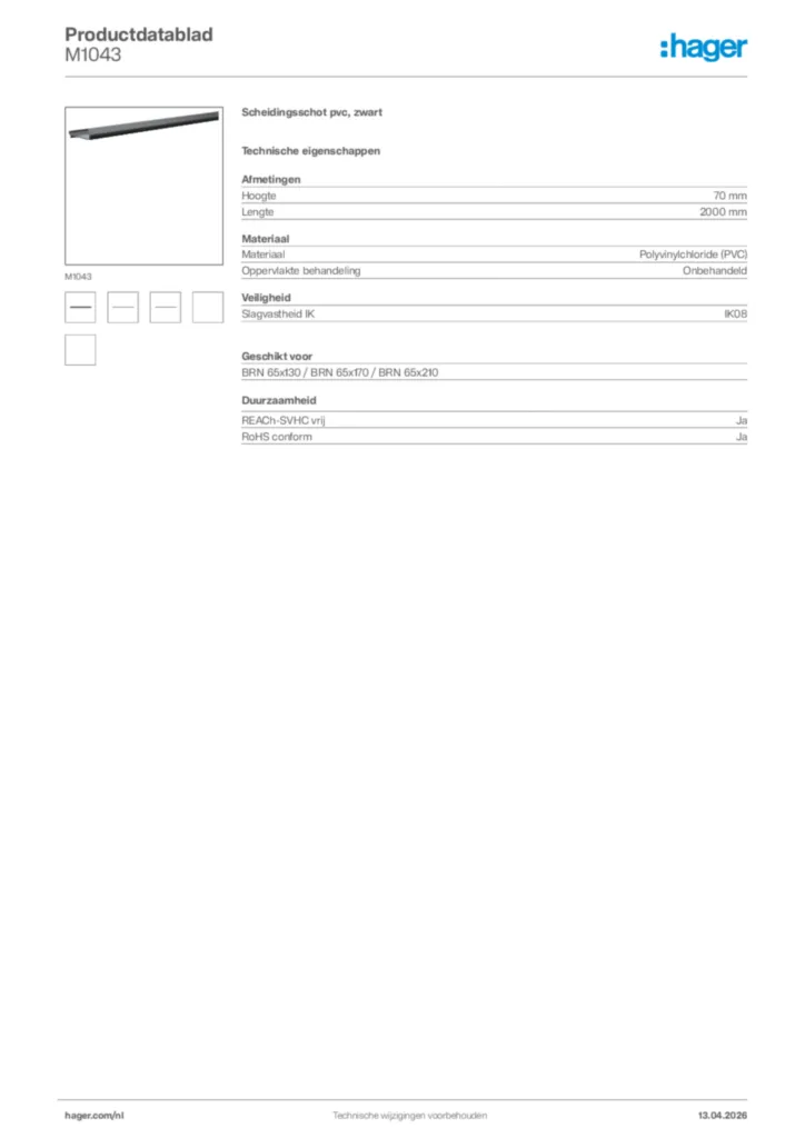 Afbeelding Hager Productdatablad M1043 | Hager Nederland
