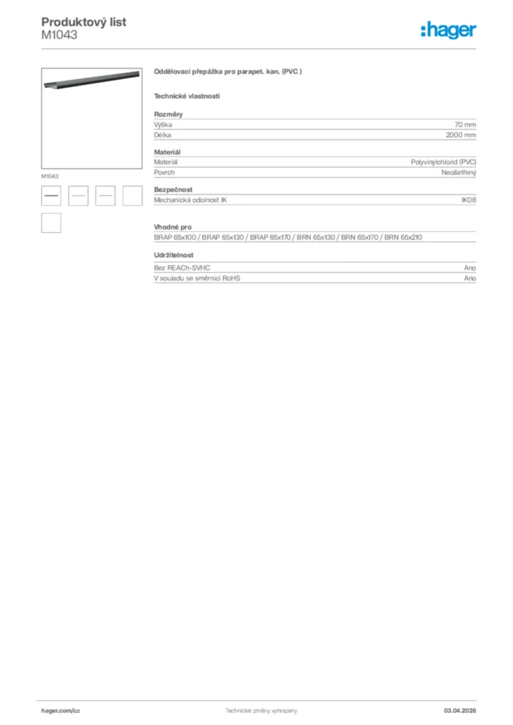 Obrázek Hager Product data sheet M1043 | Hager