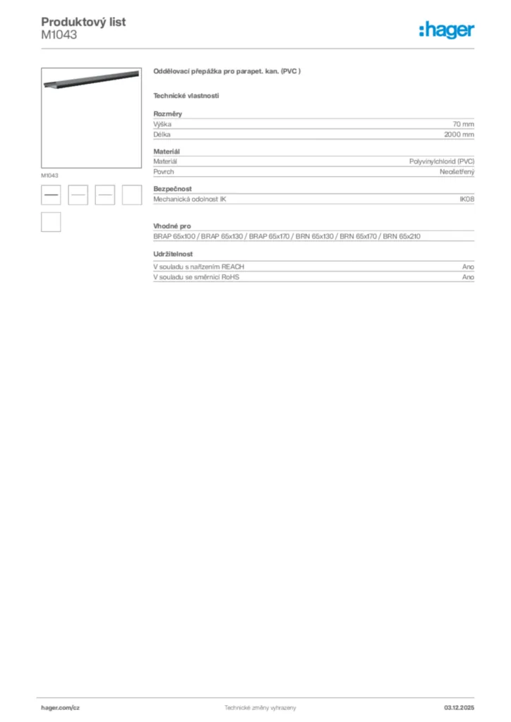 Obrázek Hager Product data sheet M1043 | Hager