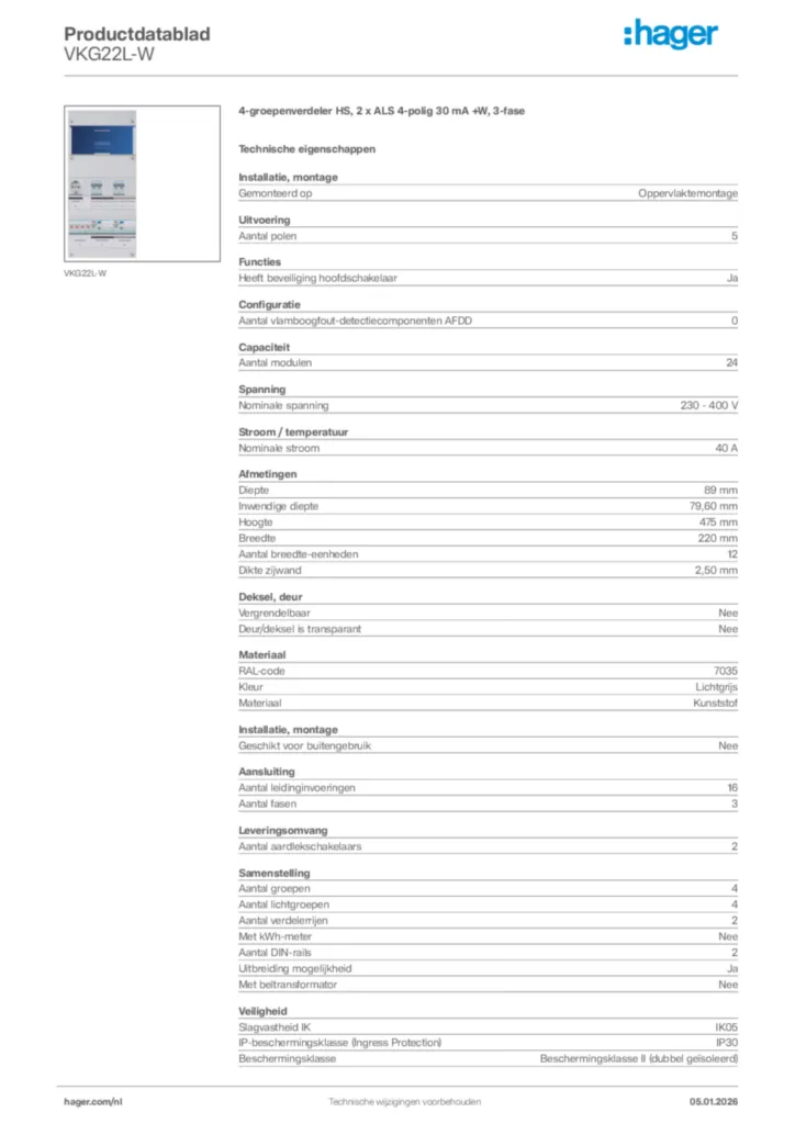 Afbeelding Hager Productdatablad VKG22L-W | Hager Nederland