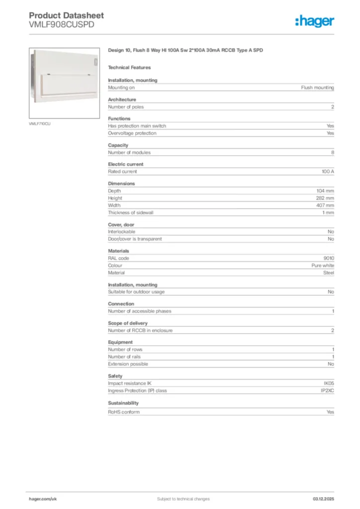 Image Hager Product data sheet VMLF908CUSPD  | Hager