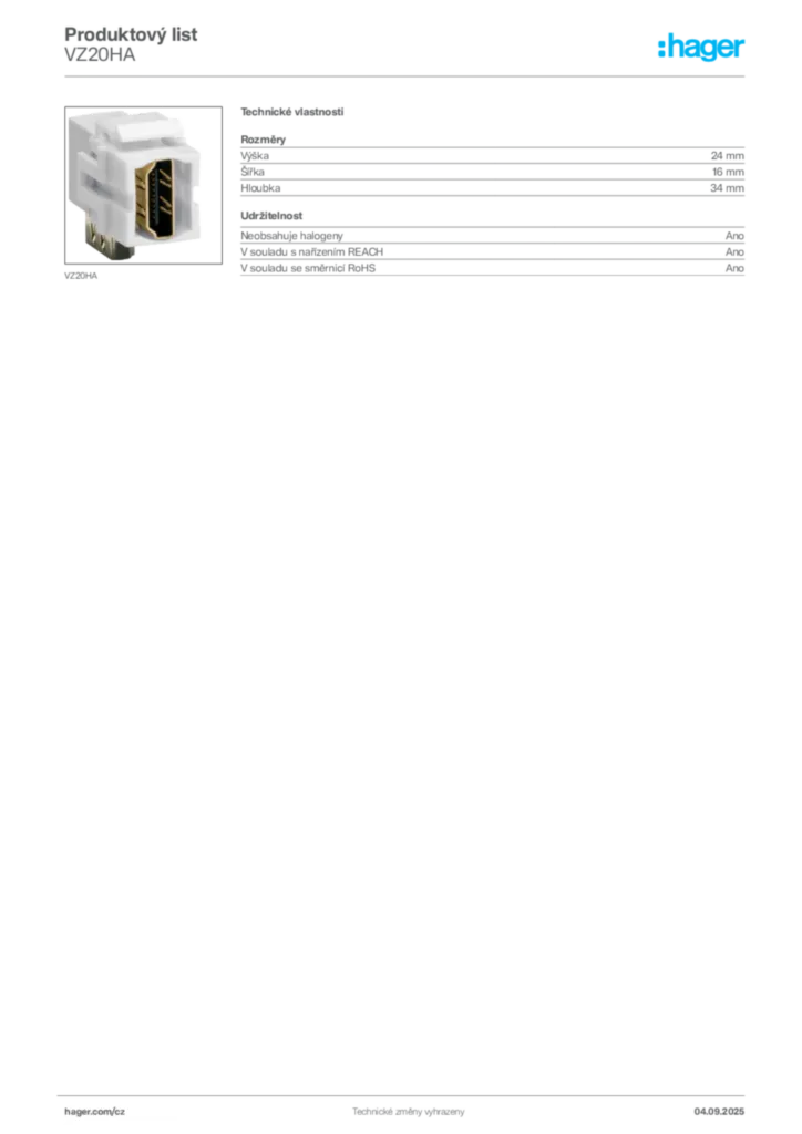 Obrázek Hager Produktový list VZ20HA | Hager