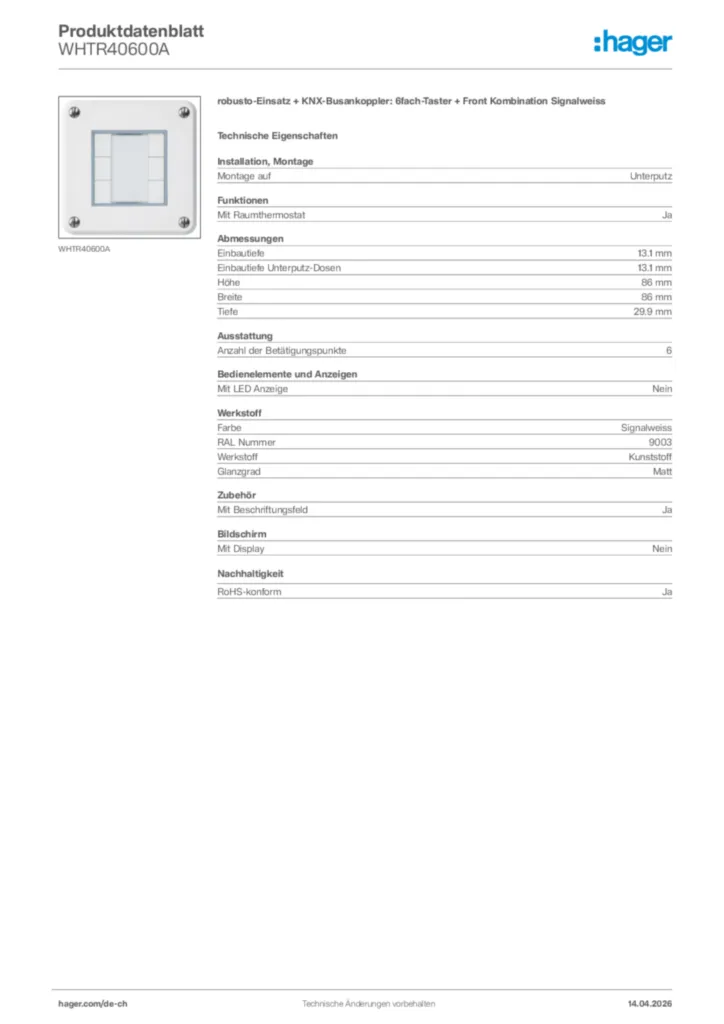 Bild Hager Produktdatenblatt WHTR40600A | Hager Schweiz
