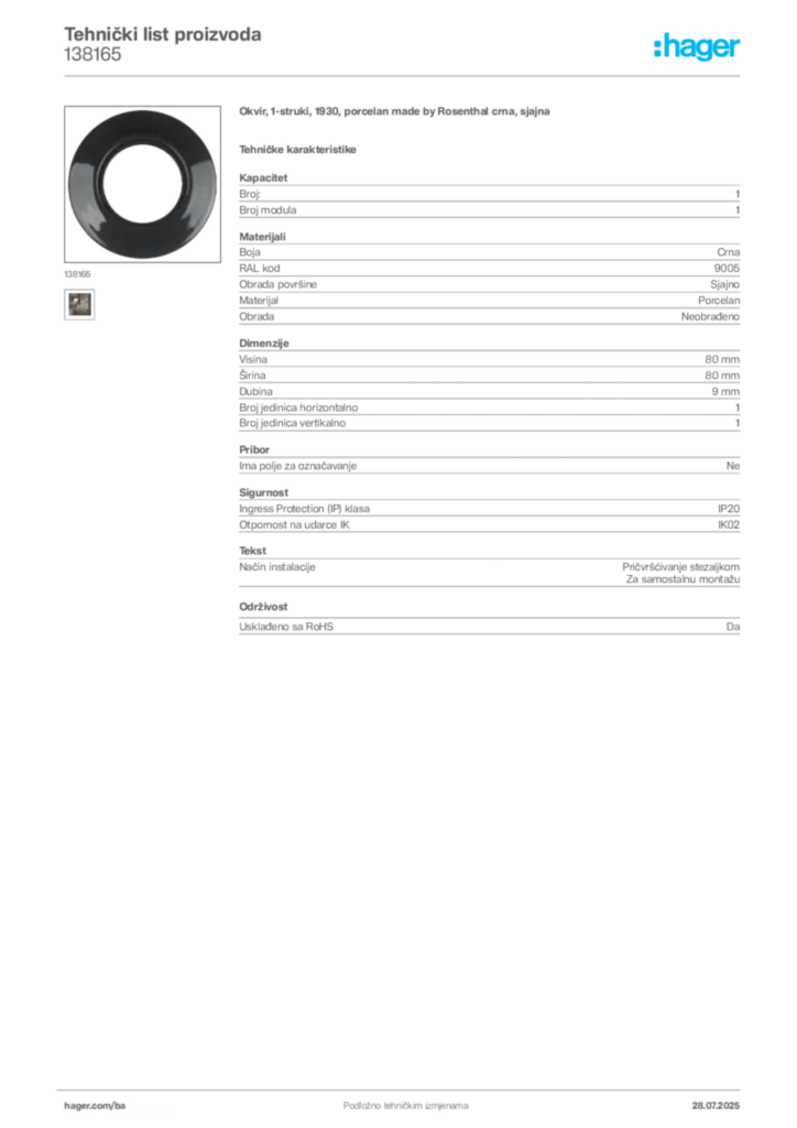 Slika Hager Product data sheet 138165  | Hager