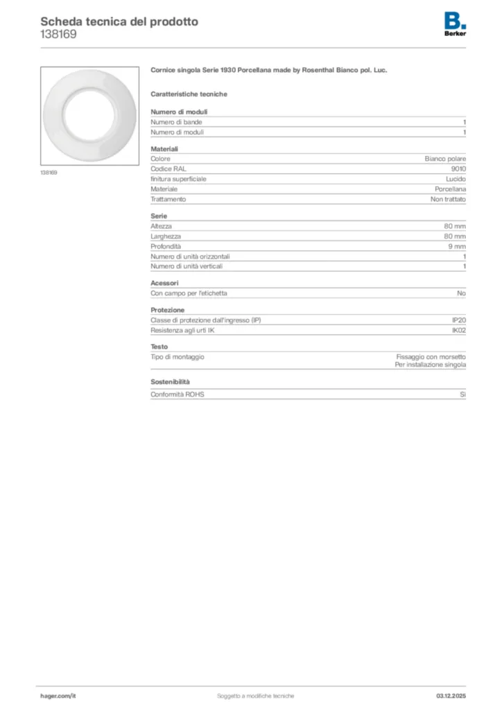 Immagine Berker Scheda tecnica del prodotto 138169 | Hager Italia