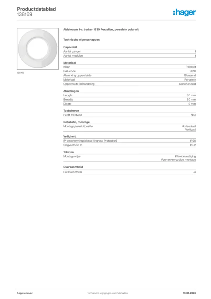 Afbeelding Hager Productdatablad 138169 | Hager Nederland
