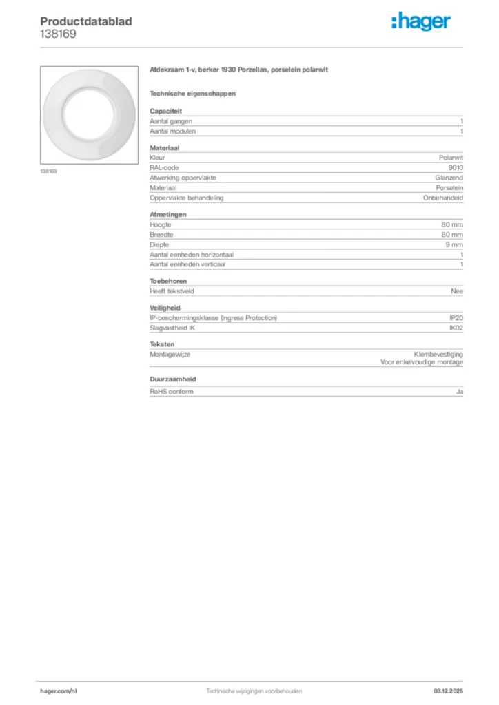 Afbeelding Hager Productdatablad 138169 | Hager Nederland