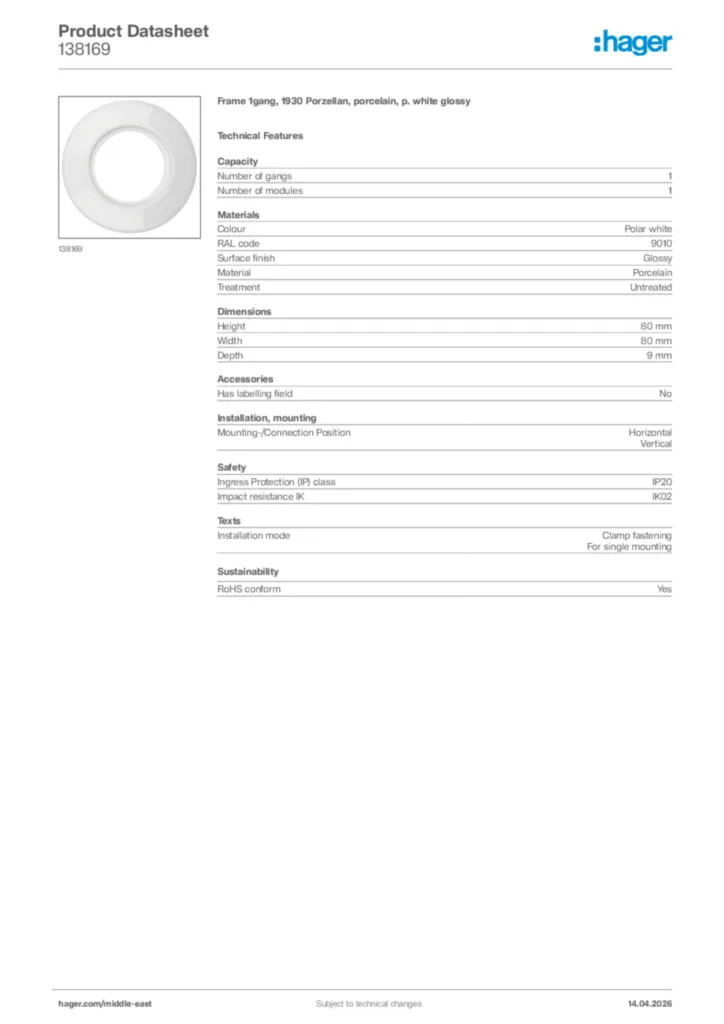 Image Hager Product data sheet 138169  | Hager