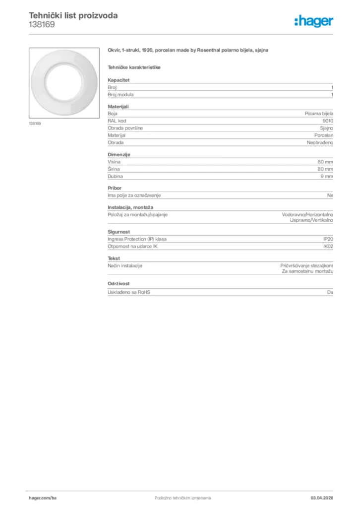 Slika Hager Tehnički list proizvoda 138169  | Hager