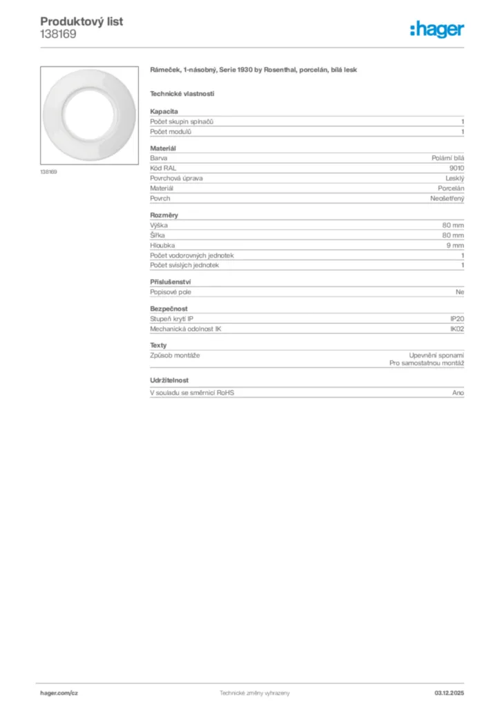 Obrázek Hager Product data sheet 138169 | Hager