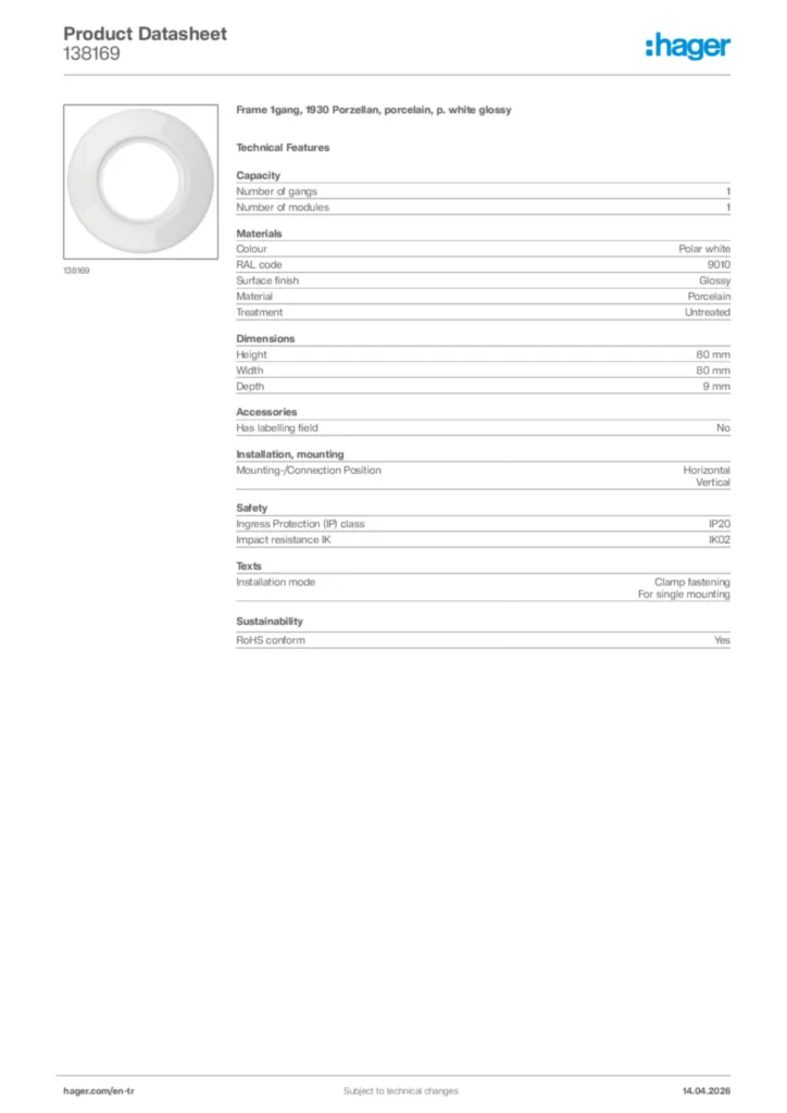 Image Hager Product data sheet 138169  | Hager