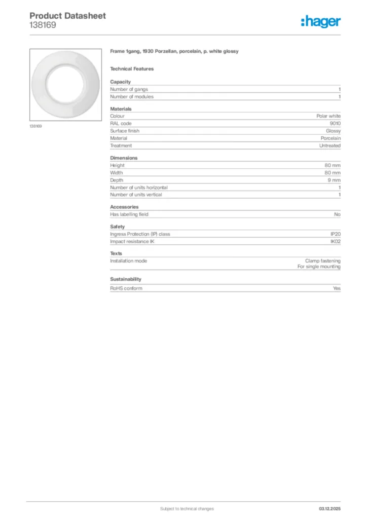 Image Hager Product data sheet 138169  | Hager