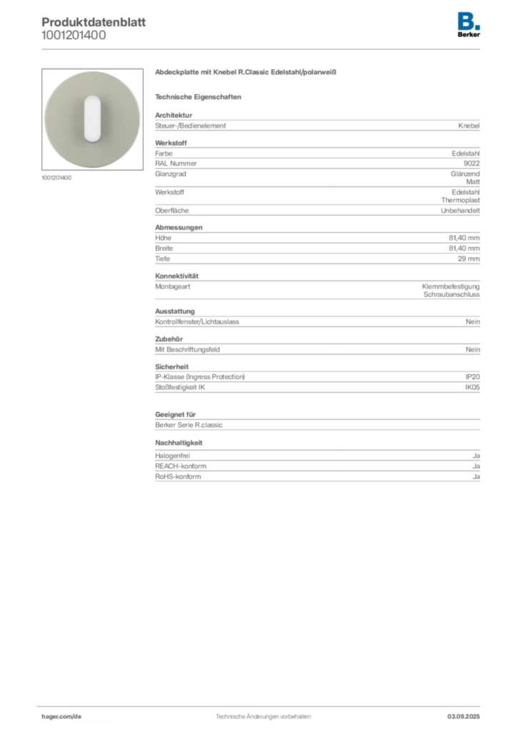 Bild Berker Produktdatenblatt 1001201400 | Hager Deutschland