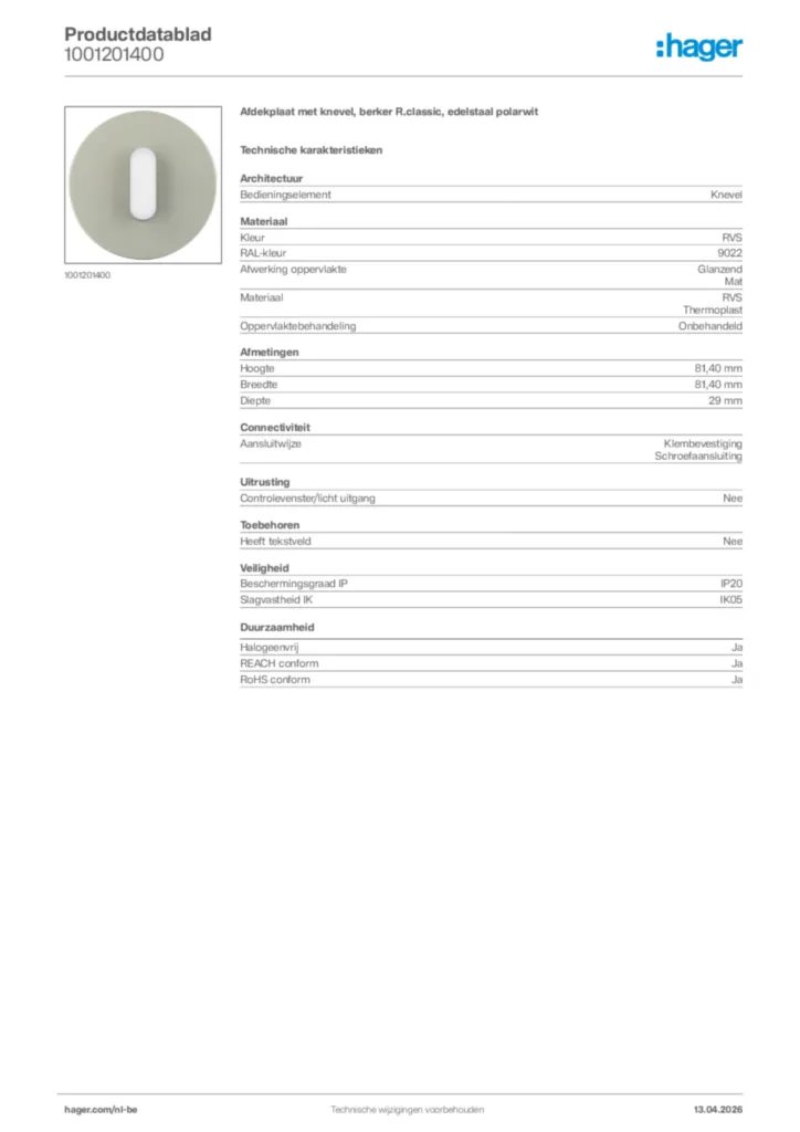 Afbeelding Hager Productdatablad 1001201400 | Hager Belgium