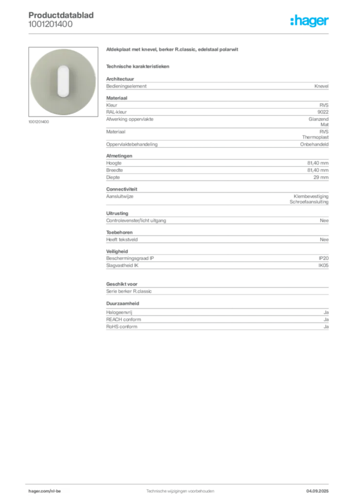 Afbeelding Hager Productdatablad 1001201400 | Hager Belgium