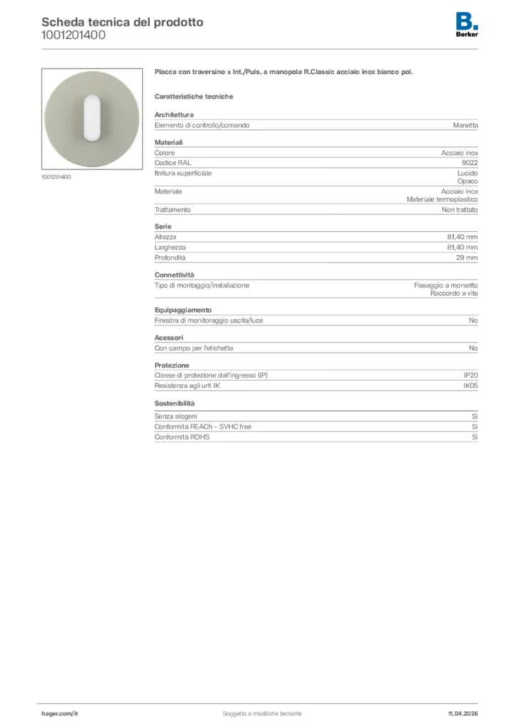 Immagine Berker Scheda tecnica del prodotto 1001201400 | Hager Italia