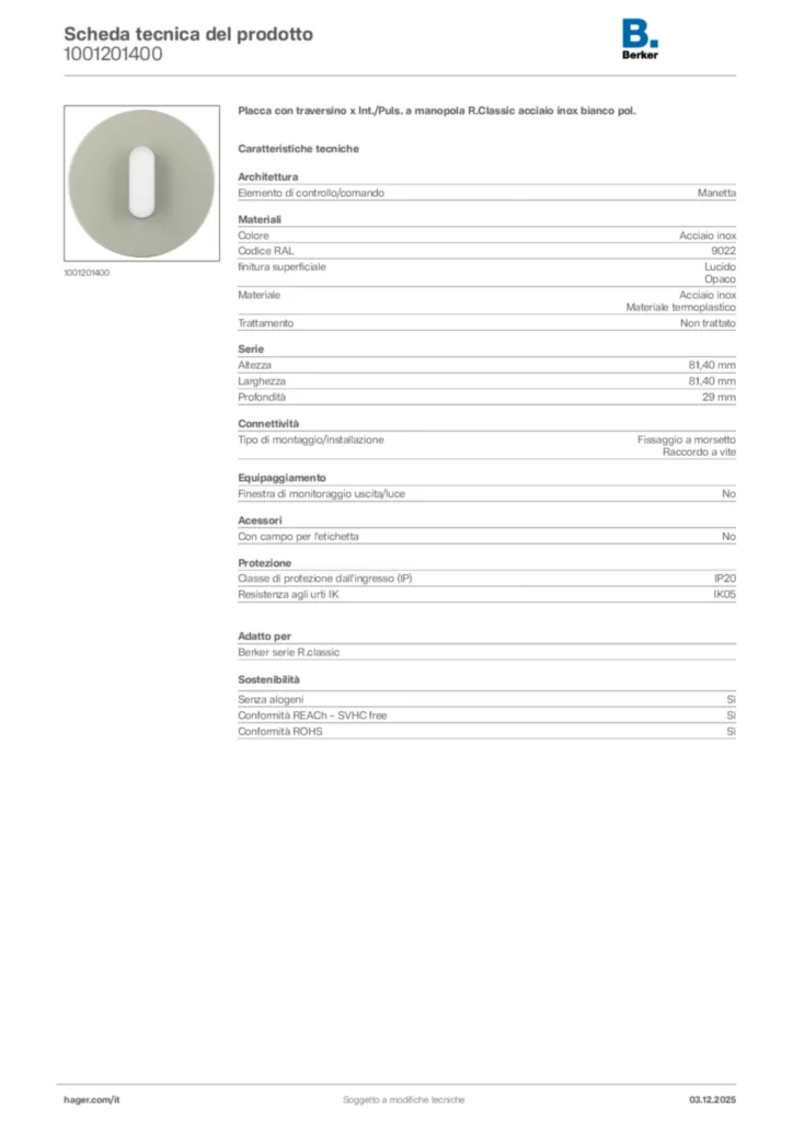 Immagine Berker Scheda tecnica del prodotto 1001201400 | Hager Italia