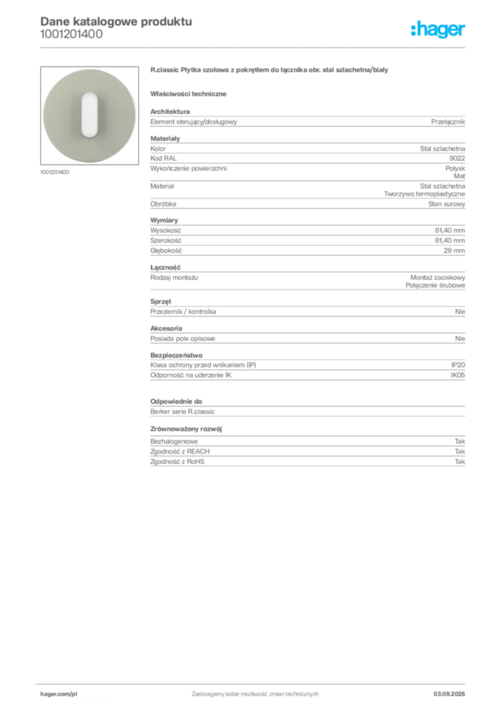 Zdjęcie Hager Dane katalogowe produktu 1001201400 | Hager Polska
