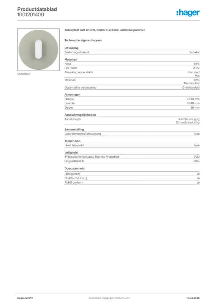 Afbeelding Hager Productdatablad 1001201400 | Hager Nederland