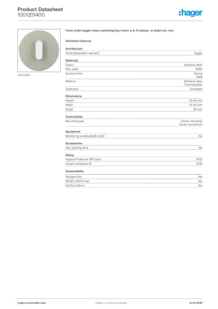 Image Hager Product data sheet 1001201400  | Hager