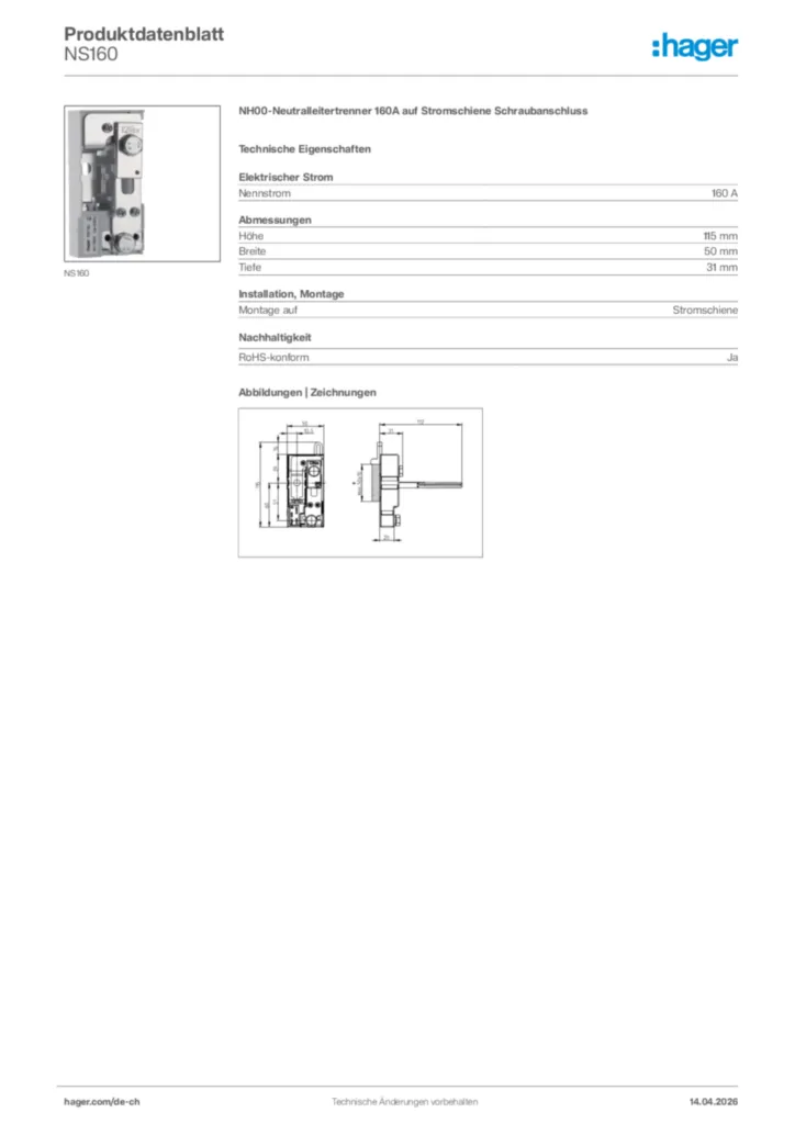 Bild Hager Produktdatenblatt NS160 | Hager Schweiz