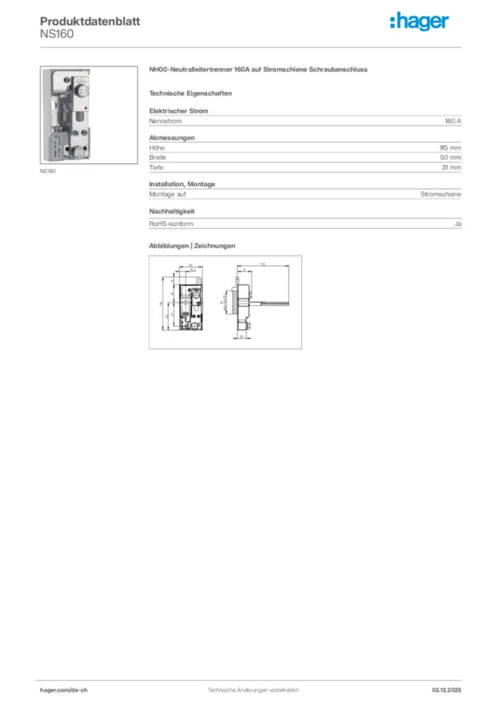 Bild Hager Produktdatenblatt NS160 | Hager Schweiz
