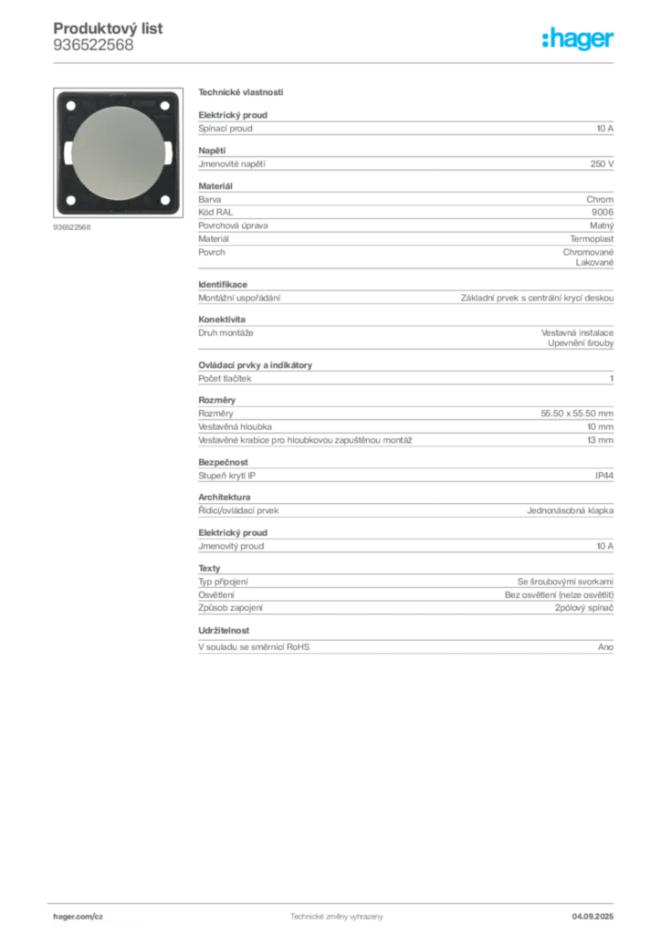 Obrázek Hager Produktový list 936522568 | Hager