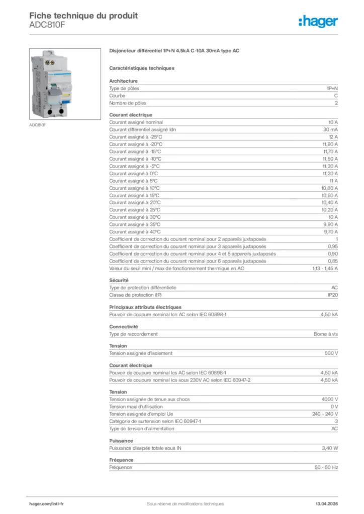Image Hager Fiche technique du produit ADC810F | Hager Afrique