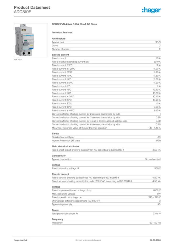 Image Hager Product data sheet ADC810F  | Hager