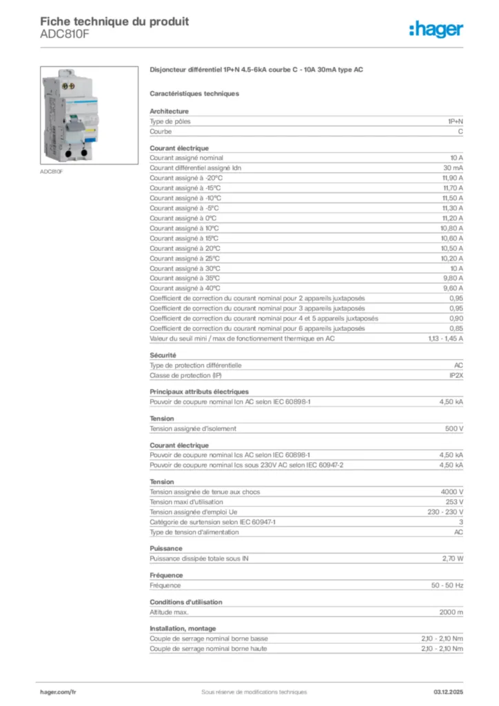 Image Hager Fiche technique du produit ADC810F | Hager France