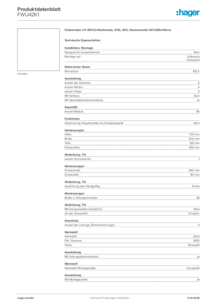 Bild Hager Produktdatenblatt FWU42K1 | Hager Deutschland