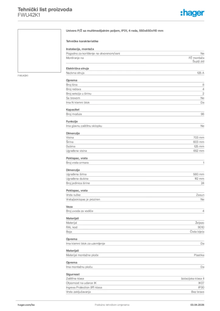 Slika Hager Tehnički list proizvoda FWU42K1  | Hager