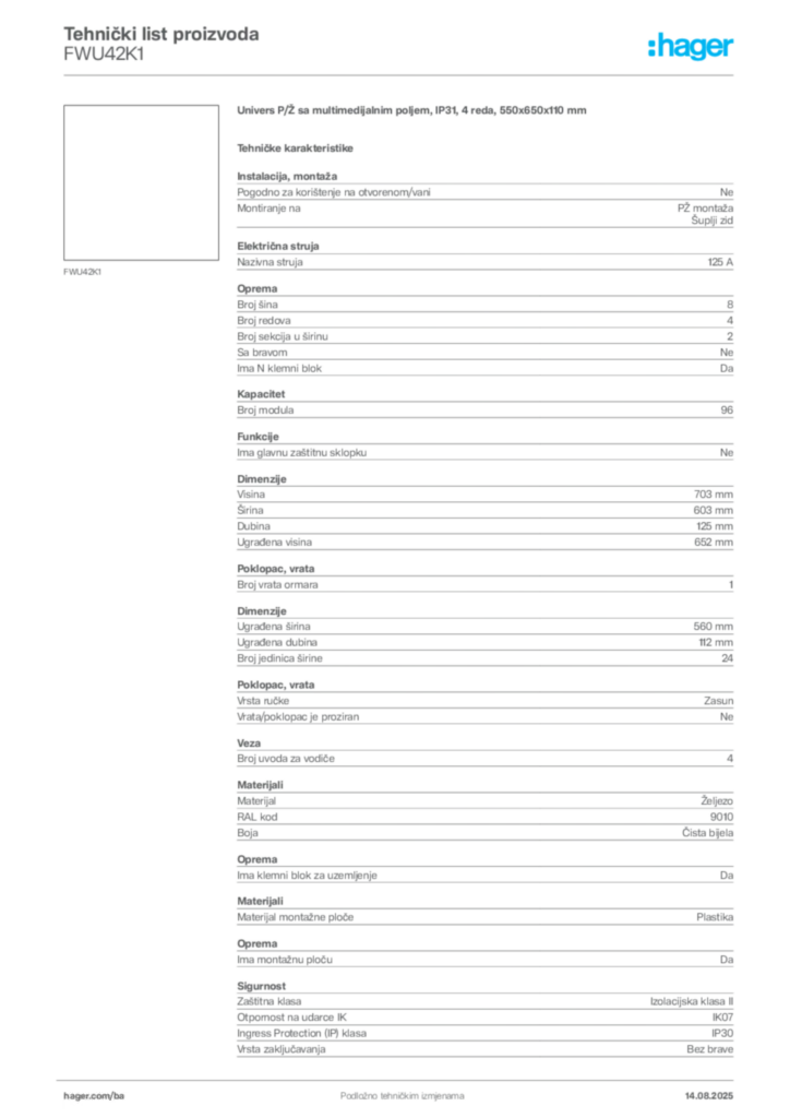 Slika Hager Product data sheet FWU42K1  | Hager