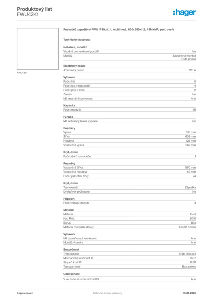 Obrázek Hager Product data sheet FWU42K1 | Hager