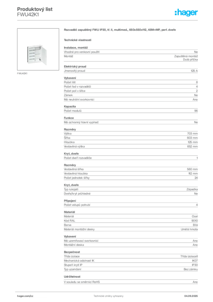 Obrázek Hager Produktový list FWU42K1 | Hager