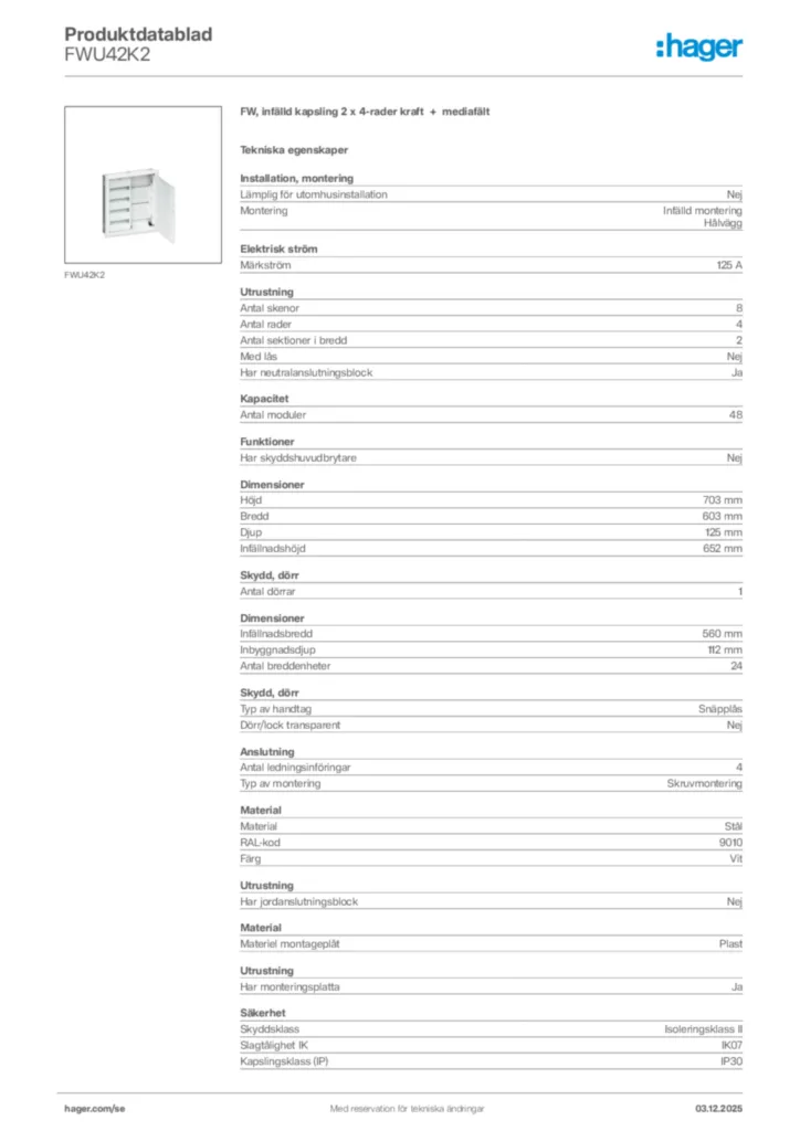 Bild Hager Produktdatablad FWU42K2 | Hager Sverige