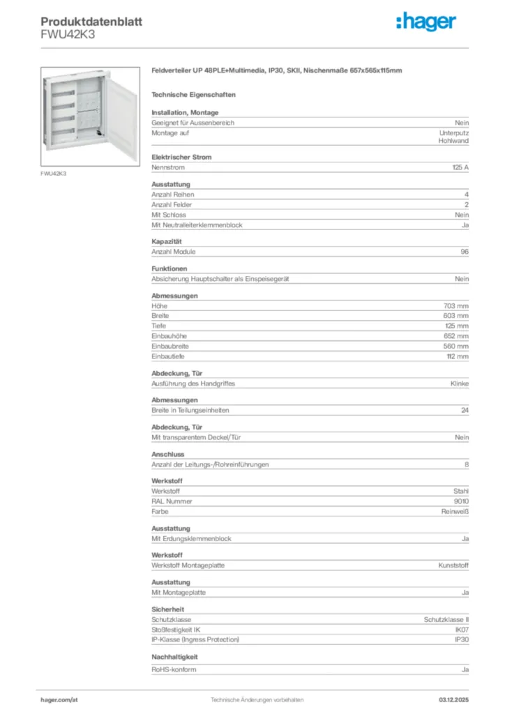 Bild Hager Produktdatenblatt FWU42K3 | Hager Deutschland