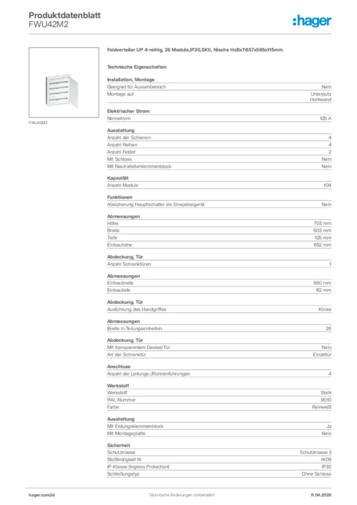 Bild Hager Produktdatenblatt FWU42M2 | Hager Deutschland