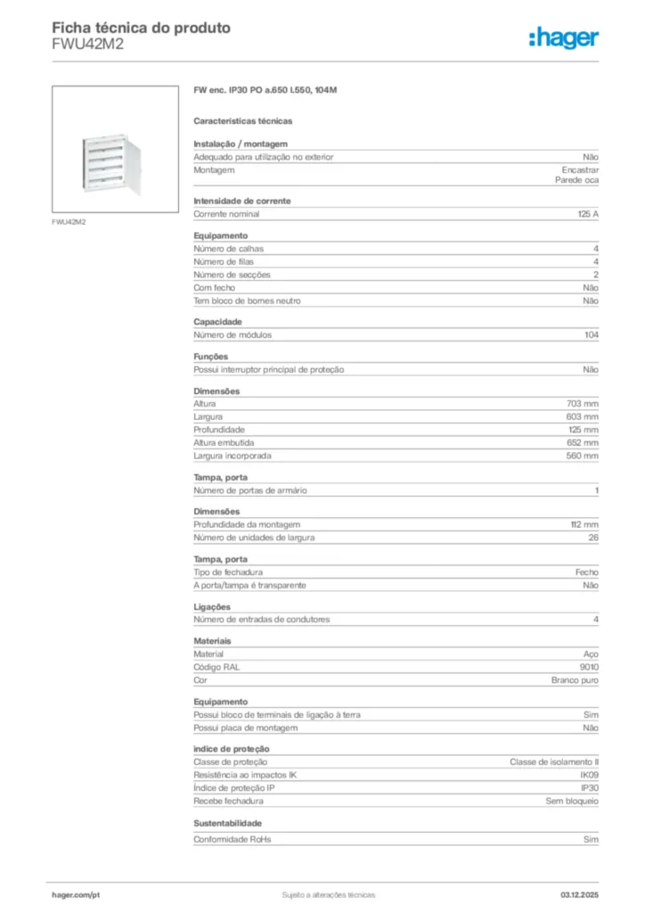 Imagem Hager Ficha técnica do produto FWU42M2 | Hager Portugal