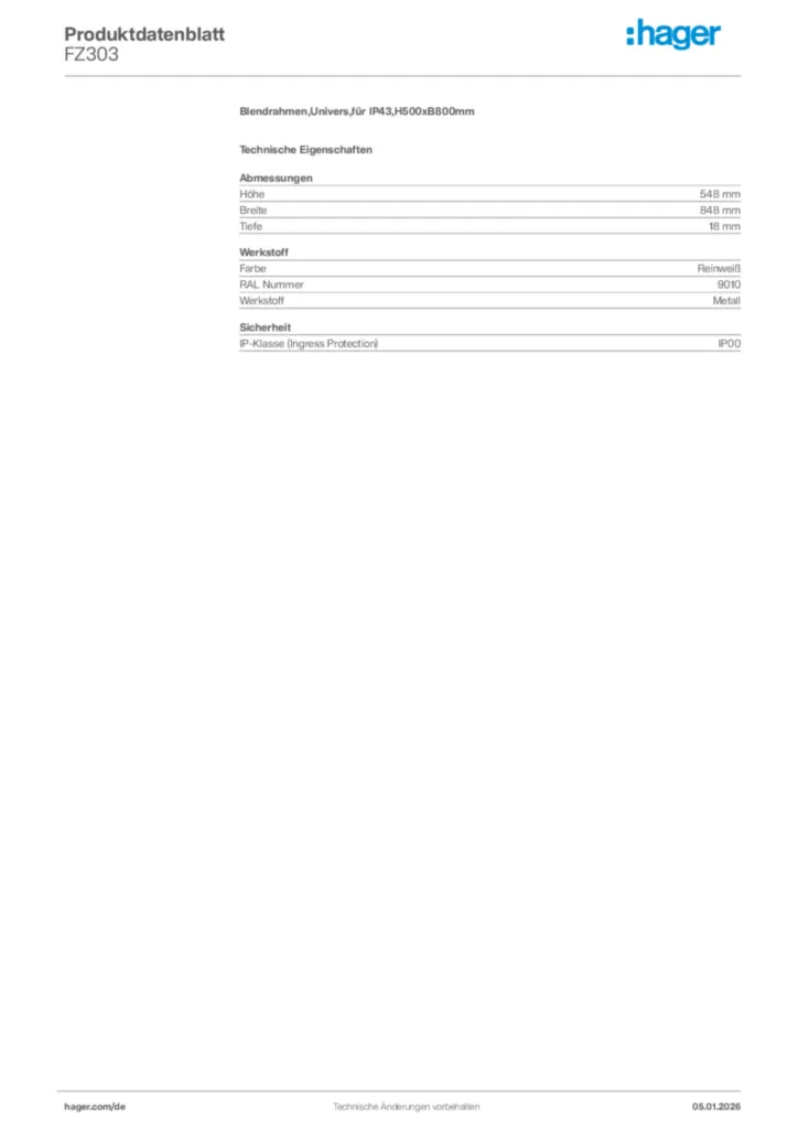 Bild Hager Produktdatenblatt FZ303 | Hager Deutschland
