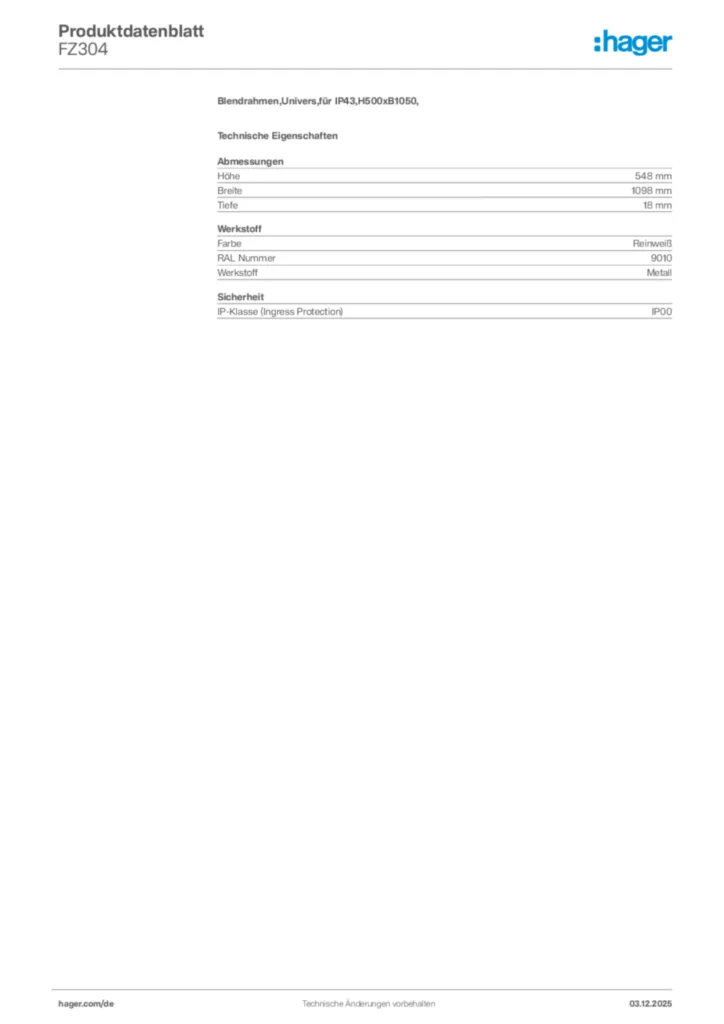 Bild Hager Produktdatenblatt FZ304 | Hager Deutschland