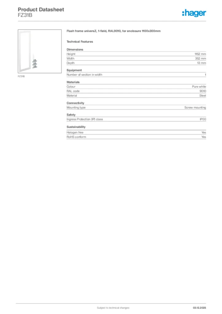 Image Hager Product data sheet FZ31B  | Hager Africa